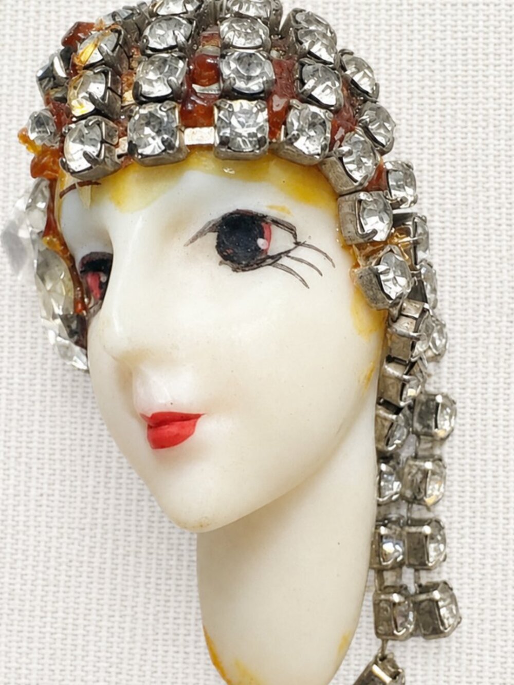 Vintage Celluloid Flapper Lady Head Rhinestone Brooch Pin